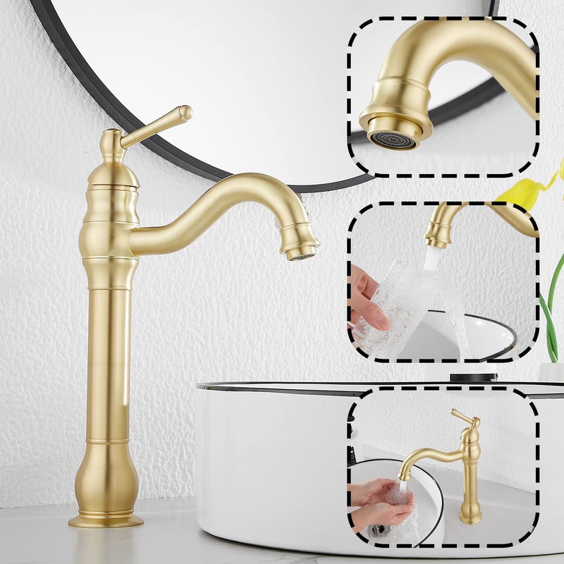 GGStudy 360 Swivel Single-Handle One Hole Vessel Sink Faucet with Matching Pop Up Drain - Brushed Gold Farmhouse Bathroom Vanity Faucet - Image 4